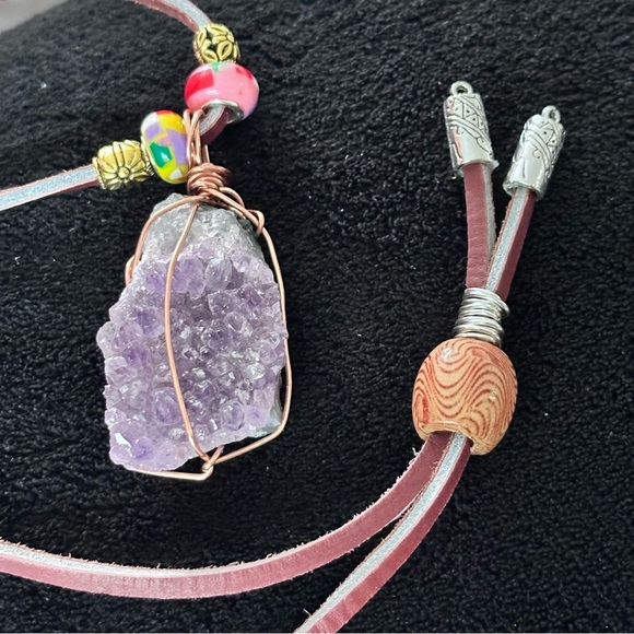 Amethyst Crystalline Wire Wrapped Stone Pendant Necklace Handmade Leather Cord - Picture 8 of 15